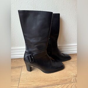 Antonio Melani Black Leather Mid-Calf Heeled Boots w/ Buckle | Classic | 6.5
